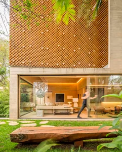 Modern residential interior featuring wooden walls