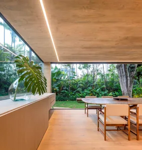 Modern residential dining room with wooden floor, concrete walls, glass windows, and indoor plants