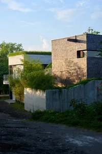 modern house with wooden exterior, concrete walls, and greenery.
