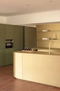 A modern minimalist kitchen with wooden countertops and shelves, featuring green cabinets and a light-colored island with a s