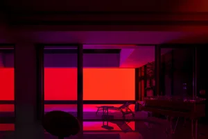 A modern interior design featuring glass walls
