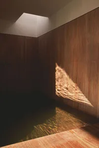 A minimalist bathroom with wooden walls, a skylight letting in natural light, and water reflecting the sunlight.