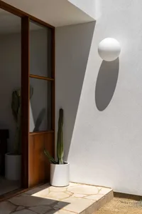 A minimalist entryway with a concrete wall, featuring a spherical light fixture casting a shadow on the wall, and a potted ca