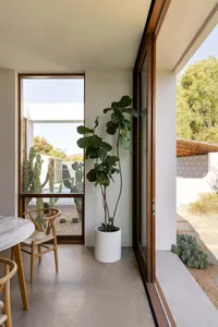 Modern interior space featuring a concrete floor, a potted plant, and a view of a backyard with cacti and a pool.