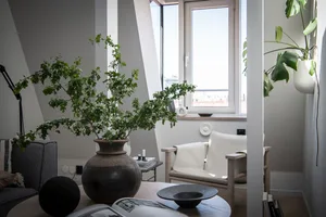 A modern minimalist living room with wood furniture, a window with plants, and a coffee table with books and bowls.