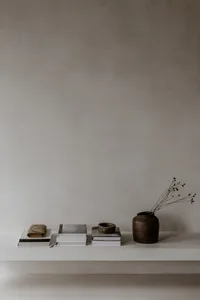 A minimalist shelf arranged with ceramic books and a vase containing greenery, against a textured wall.