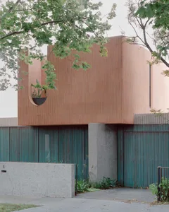 Modern residential exterior featuring a wooden facade and greenery
