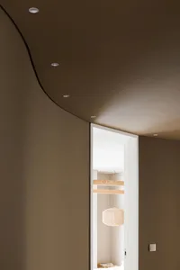 Minimalist interior design showcasing taupe-colored walls, featuring a white door with a wicker lamp and wooden shelves in th