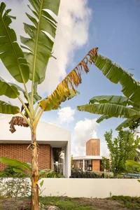 Modern residence featuring concrete and clay brick exterior.