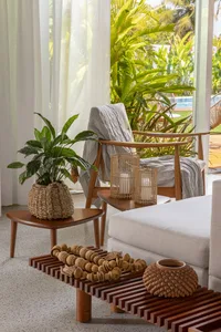 A cozy mid-century modern living room with wooden furniture, green plants, and natural light streaming in.