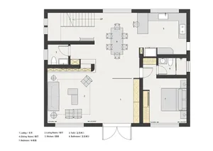 Floor plan with a modern architectural design, including a living room, dining room, and bedrooms.