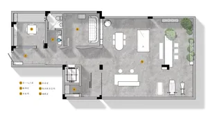 Floor plan of a modern residential space showcasing contemporary architecture elements.
