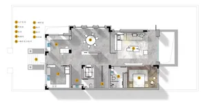 Floor plan showing a modern residential space with concrete tiles, featuring a dining area, living room, bedrooms, and bathro