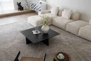 Minimalist design living room featuring beige sectional sofa, black square coffee table, and textured rug