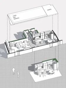 A modern floor plan featuring a combined kitchen and living area with contemporary design elements.