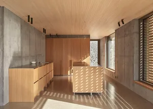 A modern kitchen with wooden cabinets and flooring, featuring a small island with a counter.
