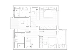A detailed 2D architectural drawing of a modern apartment layout.