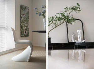 Modern home decor featuring a sleek, white plastic chair.