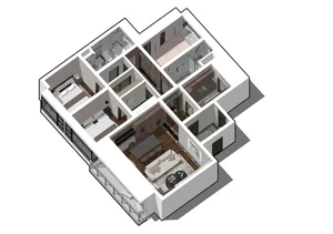 3D rendering of a modern residential floor plan featuring wood materials.