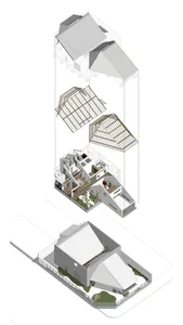 A modern residential architectural plan featuring a combination of wood, glass, and concrete materials.