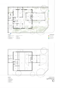 Floor plan of a modern residential house with multiple rooms and outdoor spaces.