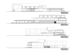 A series of architectural elevations depicting a modern floor plan with linear designs.