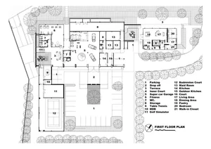 First floor plan of a modern residential building with various functional zones and features.