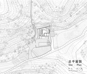 A detailed architectural site plan depicting a landscape architectural design with trees, contours, and building placements.