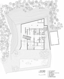 A detailed 2D architectural drawing of a modern residential ground floor plan featuring concrete and glass materials.