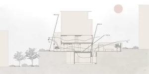 A cross-sectional diagram of a minimalist house showing floor plans and air flow patterns.