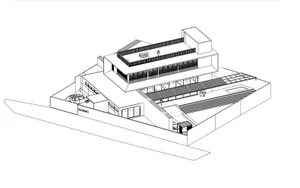 A 2D architectural drawing of a modern villa featuring a cantilevered roof structure with a prominent balcony and glass walls