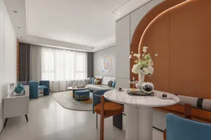 Modern living room featuring a combination of marble and concrete finishes.