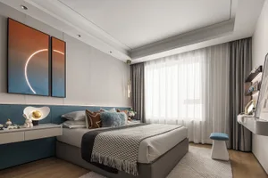 A modern bedroom with contemporary design elements, featuring a bed with blue and brown bedding, and a blue and white rabbit-