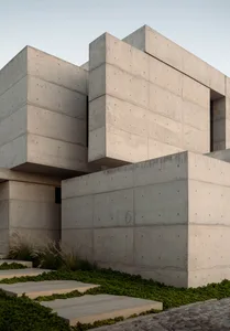 Modern building exterior featuring exposed concrete blocks.