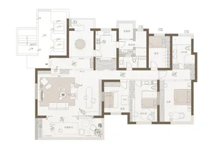Modern home layout with neutral colors and an open-plan living area, showing a living room, kitchen, and balcony.