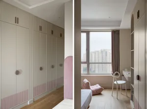 Modern neutral-toned bedroom with wooden floors, large windows, and a sleek design.