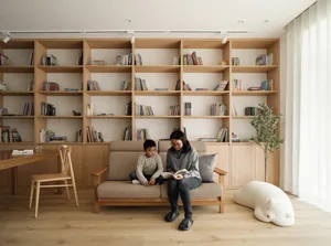 A minimalist living room with a wooden sofa, bookshelves filled with books, and a white stuffed animal on the floor.