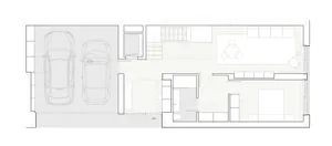 Floor plan of a modern house with wood flooring and concrete elements.