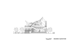 A detailed architectural elevation of a modern seaside building, showcasing contemporary design features and structural eleme