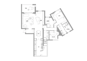 Floor plan of a house with multiple rooms, including a living room, kitchen, dining room, bathroom, and bedrooms.