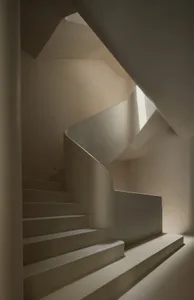 A modern, concrete staircase with a curved design and a single light source at the top.