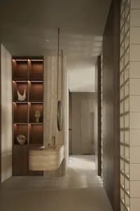 Modern bathroom featuring a wooden vanity with a sink, illuminated shelves, and a spacious layout.