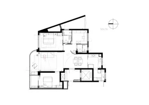 Floor plan of a modern apartment featuring a living room, dining area, kitchen, two bedrooms, and bathrooms.