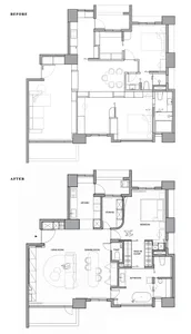 Floor plan comparison showing before and after designs of an interior space, including structural changes and functional zone