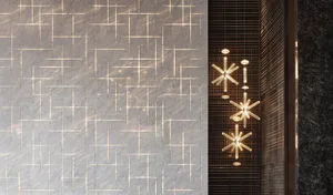 A modern interior design featuring glass and geometric patterns.