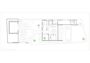 A detailed architectural floor plan of a modern residential building showing various rooms and spaces.