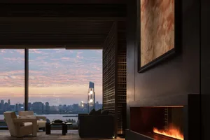 A modern living room featuring a fireplace with a cityscape sunset view.
