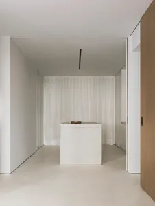 A minimalist interior design featuring a concrete cube with a wooden bowl on top in the foreground, with sheer curtains and w