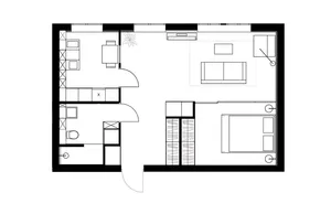 A minimalist residential floor plan showing a living room, bedroom, and bathroom in neutral tones.