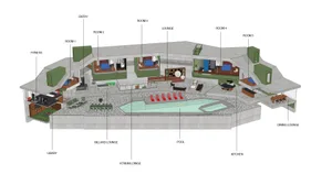 A modern residential floor plan featuring concrete material, with rooms labeled from Room 1 to Room 5.